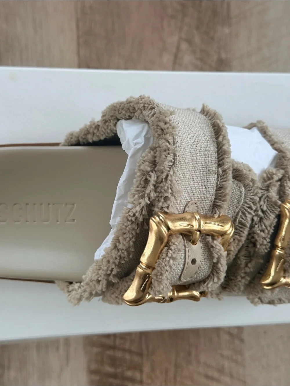 SCHUTZ Beige Canvas Double-Buckle Slide Sandal with Gold Buckles